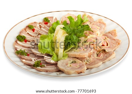 Stockfoto: Cold Appetizer Meatloaf Decorated Slices Of Pineapple And Lettu