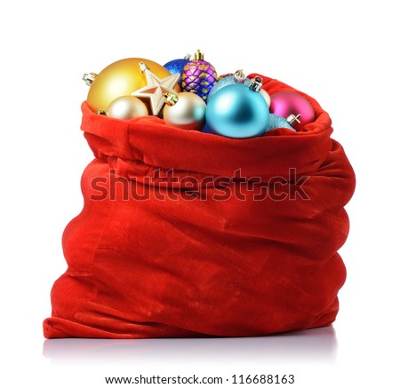 Stok fotoğraf: Red Christmas Ball And Golden Bag With Gifts Isolated On White B