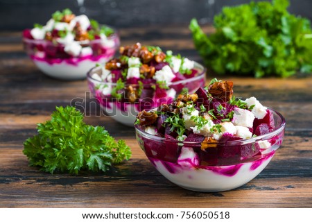 Stok fotoğraf: Beet Vegetable Salad With Yogurt And Walnuts In A Bowl On White Background