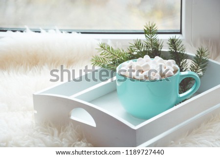 Stock photo: Cup Of Coffee With Marshmallow On Windowsill Cozy Home Concept