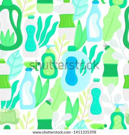 Stockfoto: Seamless Pattern Eco Friendly Household Cleaning Supplies Natural Detergents Products For House W