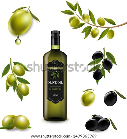 Foto stock: Big Set With Branch Olives And With Virgin Olive Oil In Glass Bo
