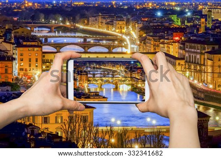 Сток-фото: Ponte Vecchio Woman Taking Pictures On A Tablet