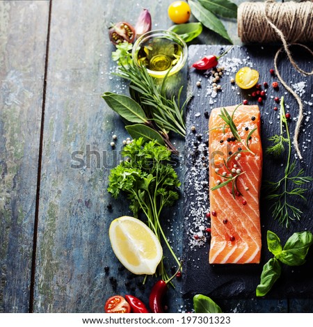 Stok fotoğraf: Delicious Portion Of Fresh Salmon Fillet With Aromatic Herbs