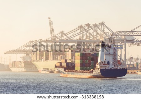 Foto d'archivio: Container Ships Arriving And Being Unloaded At A Transhipment Ha