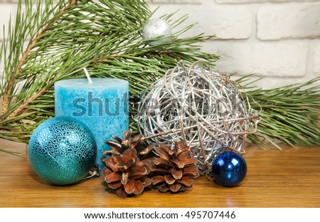 ストックフォト: New Year 2017 Composition With Blue Balls And Candle On Wooden B