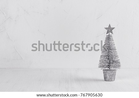 Stockfoto: Silver Christmas Tree On White Shabby Plaster And Wood Background