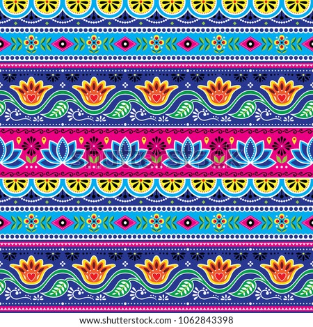 ストックフォト: Pakistani Seamless Vector Pattern Indian Truck Art Design Navy Blue And Pink Ornament With Flowers