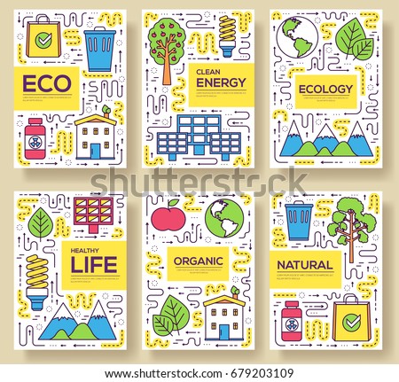 Foto stock: Clean Energy Vector Brochure Cards Thin Line Set Natural Resources Template Of Flyear Magazines P