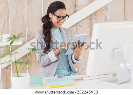 Stockfoto: Image Of Cheerful Office Woman With Long Brown Hair In Business