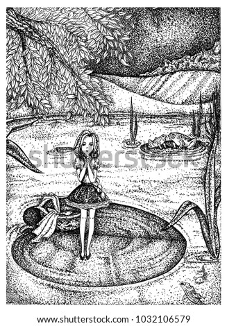 Foto stock: Thumbelina On Water Lily Leaf Hand Drawn Sketch Ink Illustration