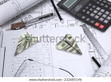 Paper Airplanes On Laptop Keyboard Architectural Drawings And Tools Are Close By Stockfoto © cherezoff