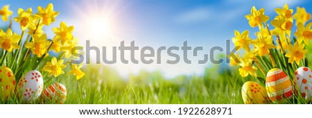 Stock photo: Easter Eggs And Spring Yellow Narcissus Daffodil In Flower Pot