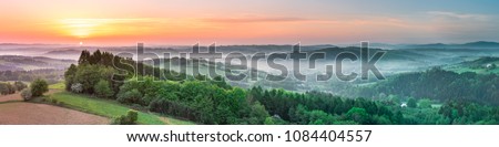 Сток-фото: Large Panorama Landscape Sunrise Over Countryside With Medieval