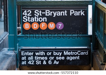 [[stock_photo]]: New York Subway Sign At Bryant Park Station