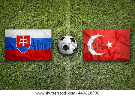 Slovakia Vs Turkey Flags On Soccer Field Stok fotoğraf © kb-photodesign