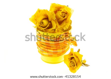 Stock photo: Dry Yellow Roses And Bucket With Ribbon