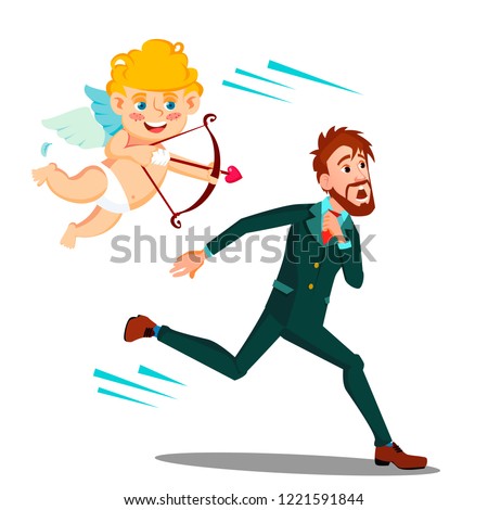 Сток-фото: Frightened Man Running From Valentine S Day Cupid Vector Illustration