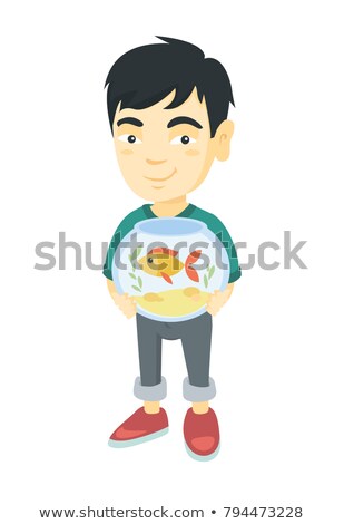 Stock foto: Asian Boy Holding Aquarium With Goldfish