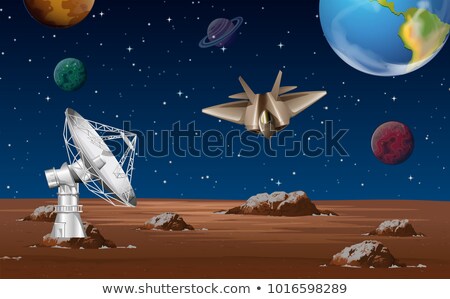 Foto stock: Space Scene With Satellite Dish And Spaceship