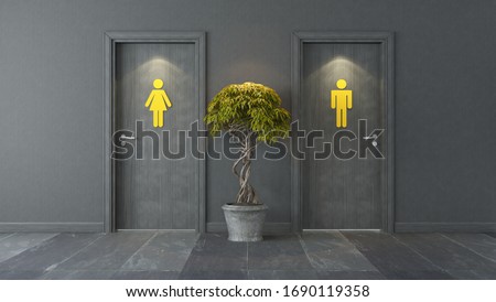 Stock fotó: Black Restroom Doors With Yellow Sign And Stone Floor 3d Renderi