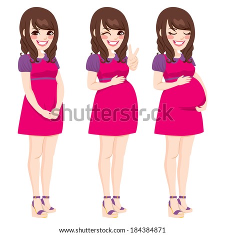 ストックフォト: Cartoon Happy Pregnant Woman In Pink Dress Touching Her Belly
