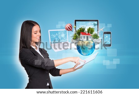 Women Using Digital Tablet Earth With Hexagons Graphs And Wire Frame Spheres Stockfoto © cherezoff