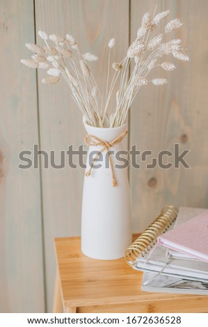 ストックフォト: Soft Home Decor Of Wooden Plate And Stems On White Wood Background