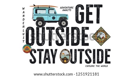 Foto stock: Surfing Badge Design Outdoor Adventure Logo With Camping Travel Quote - Your Wave Is Waiting Inclu