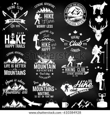 Foto stock: Extreme Adventure Badge High Peak Camping Club Emblem In Silhouette Retro Style Featuring Mountain