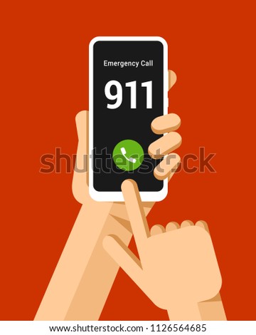 Foto stock: Hand Holds The Smartphone And Makes Emergency Rescue Call Flat Vector Modern Phone Mock Up Illustra