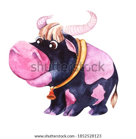Foto stock: Watercolor Illustration Of Black Bull With White Spot In Peonies Wreath