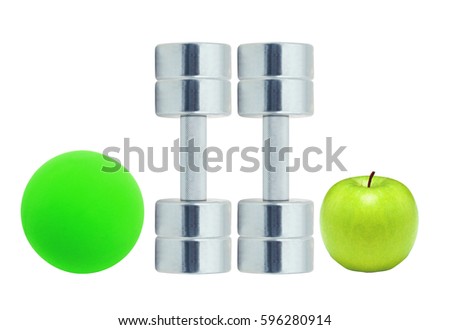 Stock photo: Chromed Fitness Dumbbells Ball And Green Apple Isolated On Whit