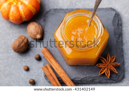 Stock fotó: Pumpkin Confiture Jam Sauce With Spices On Stone Table Top View