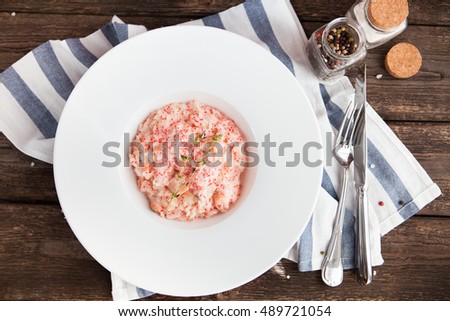 Сток-фото: Tasty Risotto With Seafood And Red Caviar Of Flying Fish With Ro