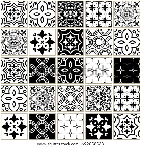 Veector Navy Blue Tiles Pattern Azulejos - Portuguese Seamless Tile Design Monochrome Ceramics Set Zdjęcia stock © RedKoala