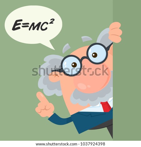 Stok fotoğraf: Professor Or Scientist Cartoon Character Looking Around Corner With Speech Bubble And Einstein Formu