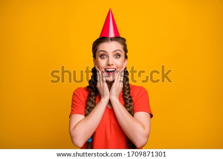 Stock photo: Girl With Red Pigtails On A Yellow Background A Beautiful Girl Put Her Feet Wider Than Her Shoulder