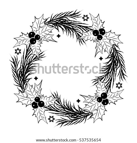 Stockfoto: Christmas Sketch With Wreath Of Fir Twigs Decorated With Snowflakes And Pine Cones Sample Of The Po