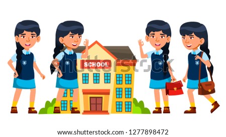 Foto d'archivio: Asian Girl Kid Poses Set Vector Primary School Child Life Emotional Pose For Web Brochure Pos