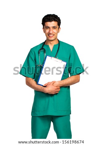 Stock photo: Portrait Of Doctor Arab Nationality With Health Record On White