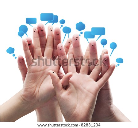 Stock photo: Happy Group Of Finger Smileys With Social Chat Sign And Speech T