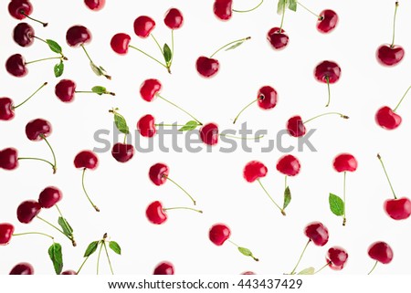 Stock fotó: Scattered Glossy Cherry With Tails On A White Background Isolated Fruit Border Copy Space
