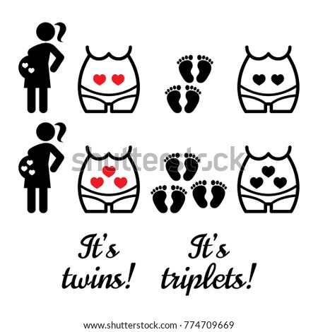 ストックフォト: Twins Triplets Baby Shower Vector Icons Multiple Pregnancy Design Pregnant Woman With Babies In H