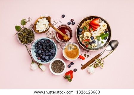 Stok fotoğraf: Healthy Breakfast Set With Muesli Berries And Milk
