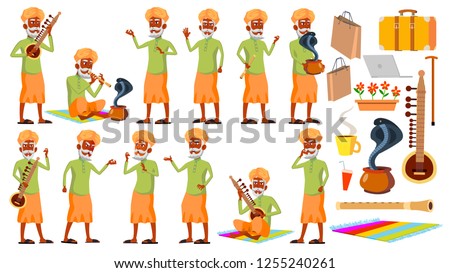 ストックフォト: Indian Old Man Poses Set Vector Elderly People Hindu Asian Senior Person Aged Cheerful Grandpa