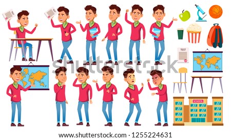 Stock foto: Asian Boy Schoolboy Kid Poses Set Vector High School Child Secondary Education Casual Clothes Fr