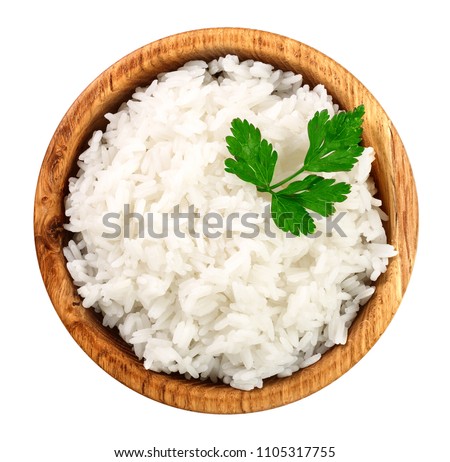 Foto stock: White Bowl With Boiled Organic Basmati Jasmine Rice With Black Chopsticks And Sweet Soy Sauce On Bam