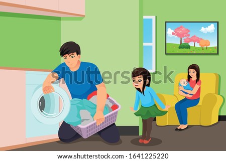Stok fotoğraf: Father Doing Laundry While Mother And Kids In The Living Room Il