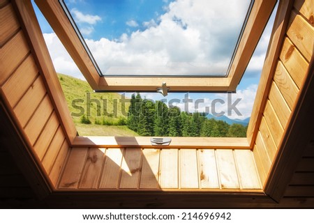 Stock foto: Open Window At Village Wooden House In Mountains Amazing View O